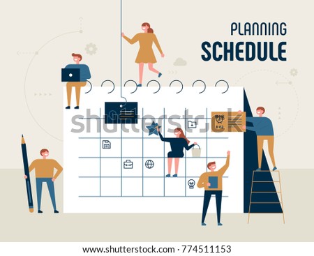planning schedule giant calendar and small characters concept vector illustration flat design