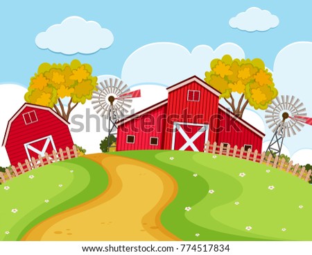 Farm scene with red barns and turbines illustration