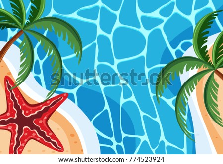 Background scene with blue ocean and starfish illustration