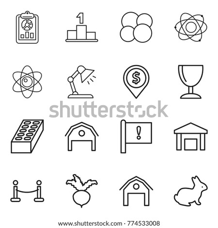 Thin line icon set : report, pedestal, atom core, table lamp, dollar pin, wineglass, brick, barn, important flag, warehouse, vip fence, beet, rabbit