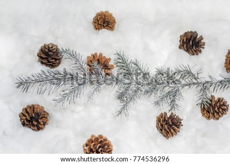 Cones in the snow. Macro photo of small decorative cones with some Christmas components.