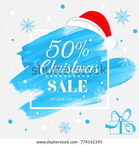 Christmas sale 50% off sign over holiday abstract brush painted background vector illustration. Perfect design for shop labels, banners or gift cards.