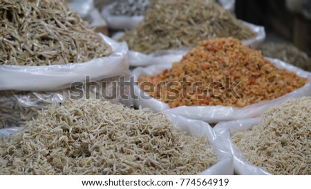Dry Prawn, anchovies and salted fish being displayed at market, Indonesia.