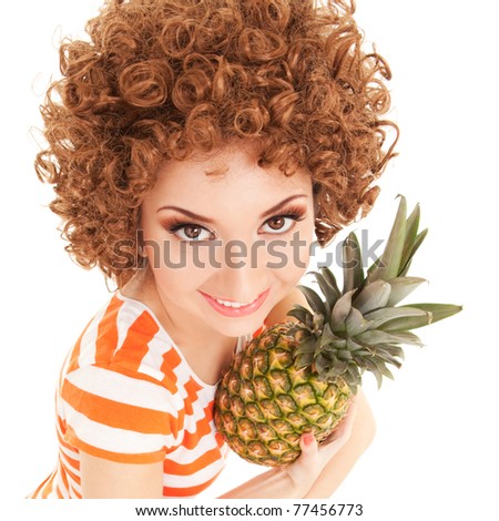 fun woman with pineapple on the white background
