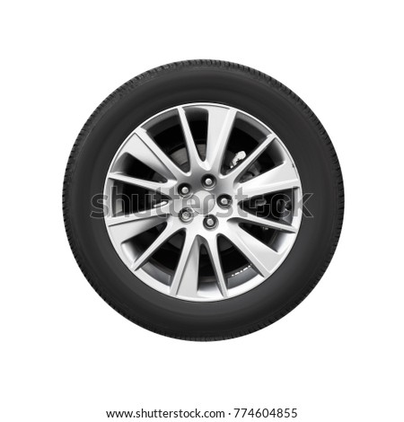 Modern car wheel on light alloy disc, front view isolated on white background Royalty-Free Stock Photo #774604855