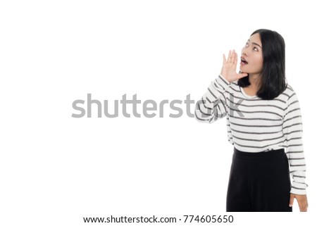 Beautiful  asian woman is yellng, portrait studio on white background
