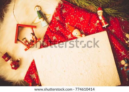 Christmas greeting card. Cute vintage Christmas ornaments and blank paper parchment to write greetings or put photo