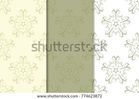 Olive green set of floral ornaments. Seamless patterns for textile and wallpapers