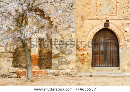 Door, cross and tree, church facade Otero de Sariegos. Natural Reserve Lagunas de Villafafila, Zamora.