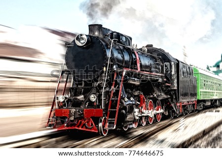 Toned. Old black and red steam locomotive with motion blur. Old photo effect applied.
