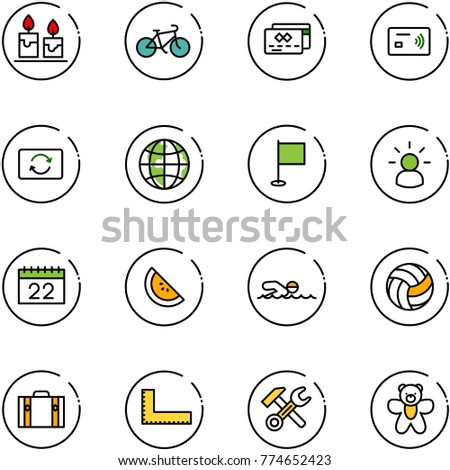 line vector icon set - candle vector, bike, credit card, tap pay, exchange, globe, flag, idea, calendar, watermelone, swimming, volleyball, suitcase, corner ruler, wrench hammer, bear toy