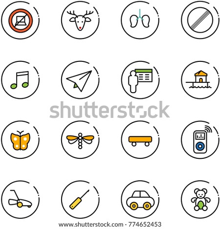 line vector icon set - no computer sign vector, christmas deer, lungs, limit road, music, paper plane, presentation, bungalow, butterfly, dragonfly, skateboard, player, lawn mower, awl, car