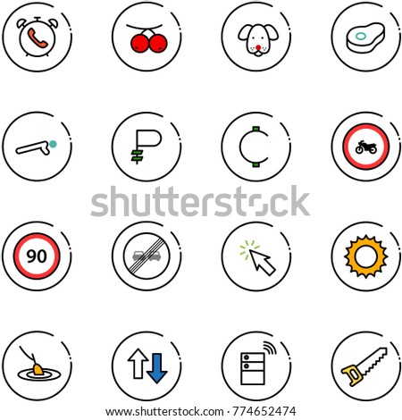 line vector icon set - phone alarm vector, rowanberry, dog, meat, push ups, ruble, cent, no moto road sign, speed limit 90, end overtake, cursor, sun, fishing, up down arrows, server wireless, saw