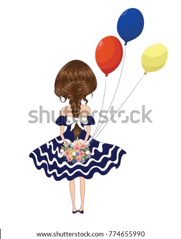 Hand drawn beautiful cute girl stands with her back with a bouquet of flowers and balloon.