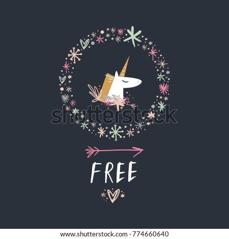 Vector, clip art, hand drawn. Fairy tale, funny, unicorn, heart, freedom, letters, kawaii, hand font, heart. Decor elements, print for card, poster, t-shirt, other clothes and more. Isolated objects.