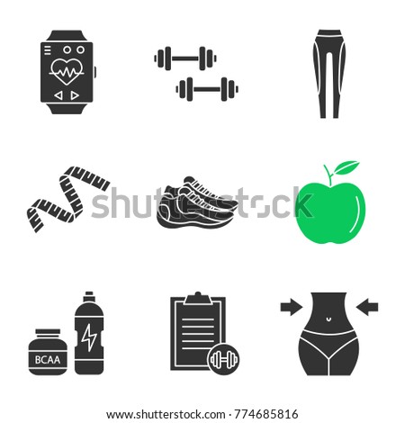 Fitness glyph icons set. Sport bracelet, dumbbells, leggings, measuring tape, apple, sneakers, bcaa supplement, exercise guide, weight loss. Silhouette symbols. Vector isolated illustration