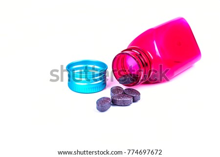 Red plastic bottle open the lid,Supplementary food isolated on white background.