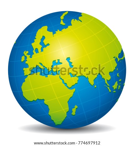 Beautiful blue and green 3d world globe. African, European and Asian view.
