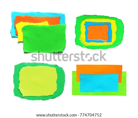 Set of colored torn paper on white background. copy space