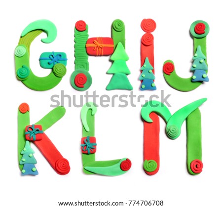 Plasticine letter. Merry christmas plasticine alphabet, isolated.