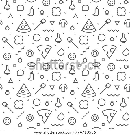 Vector Seamless texture. Pattern of a pizza. Slices and various ingredients. Memphis style.