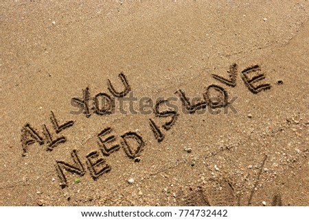 Handwriting  words "ALL YOU NEED IS LOVE." on sand of beach.