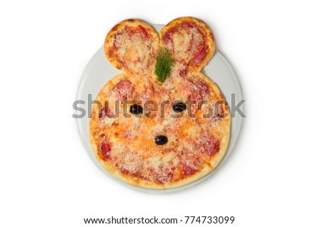 Baby pizza in the shape of a bunny on a white background