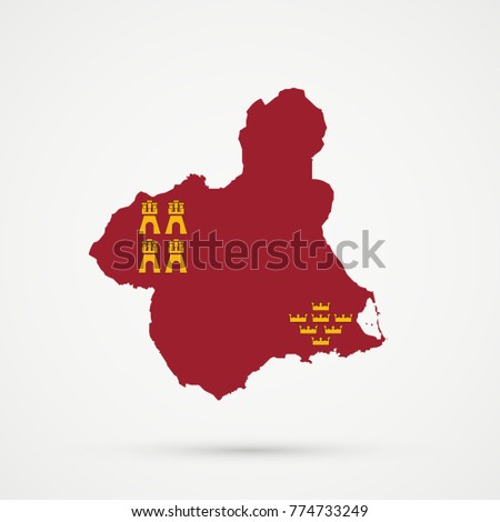 Region of Murcia (Spain) map in Region of Murcia (Spain) flag colors, editable vector.