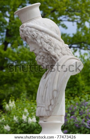 Ancient bust of the greek god Zeus in Peterhof. St.Petersburg. Russia