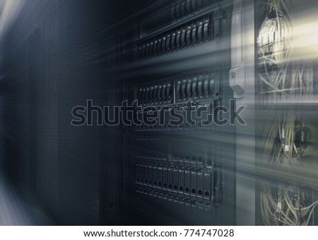Data center with hard drives. Big data and speed motion concept