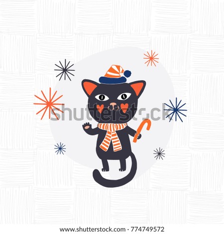 Holiday Season spot illustration with cute character Kitten. Concept for greeting card, sticker, poster, decor. Isolated on background. 