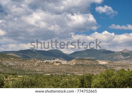 Mountain landscape along the road from Bussi sul Tirino (Pescara) to Navelli (L'Aquila, Abruzzi, Italy) at summer