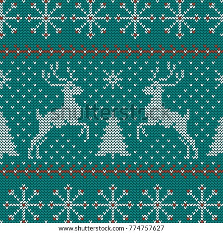 Seamless Christmas nordic knitting vector pattern with fir-trees, snowflakes, deer, snow and decorative stripes on green background