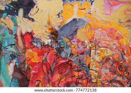 sale original - contact facebook,looking for partnerships with artdillers artist, Roman Nogin, "BEVY" series, abstract painting,woman figure abstract.  girls in a cafe Royalty-Free Stock Photo #774772138
