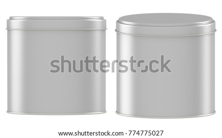 3D rendering Mock up Oval silver tin can with lid. Container for tea, coffee, sugar, cereals, candy, spice, snack or Cosmetic cream, gel, wax