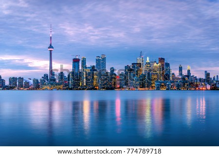 Toronto Skyline at Dusk and Reflection in Water