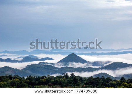 Beautiful nature landscape photography of thailand.Sea of clouds and fog over embraces to the forest mountains as seen from top view at Loei province,Thailand.Landscape HDR  Grain Style.