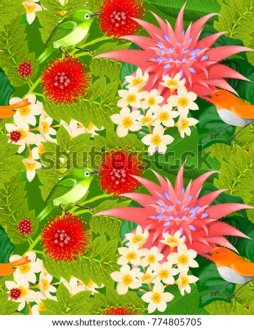 Floral seamless pattern with Japanese green and orange birds and blossom red flowers.