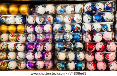 Christmas tree toys different colors balls isolated on a dark background, Christmas New Year holidays background.
