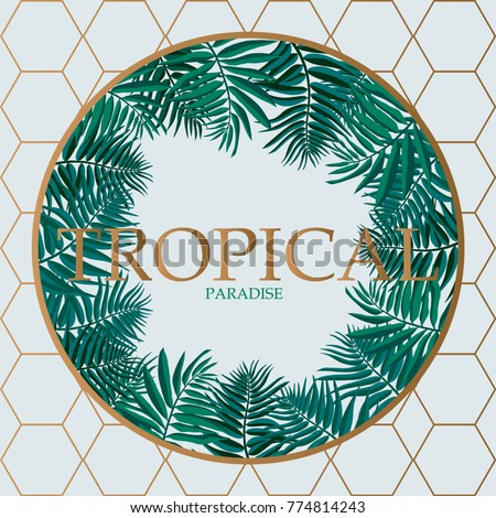 Trendy Tropical Leaves Vector Design. Palm leaves with golden abstract background.