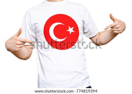 Man with printed Turkey flag white t-shirt on isolated background, high quality, resolution image