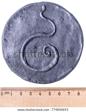 Ancient tin-zinc coin of Funan with a picture of a goldfish and a snake. Reverse. Isolated on white