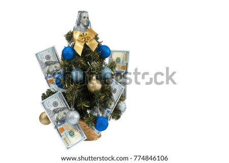 Christmas tree with dollars on isolated white background.