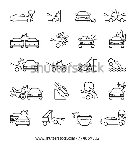 Car Accident related icons: thin vector icon set, black and white kit Royalty-Free Stock Photo #774869302