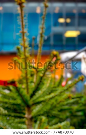 Christmas tree on the market blurred