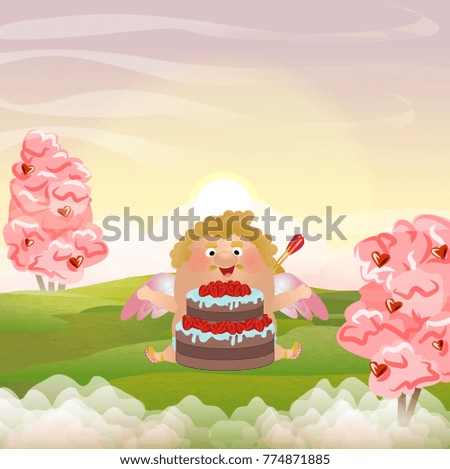 An angel or cupid sits in front of a large cake with cream and strawberries. Cute vector character. Postcards on day of St. Valentine.  Green meadow. Clouds, sky, pink trees with berries hearts