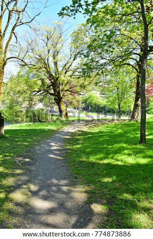 View of the park in the Arendal city of Norway in the sunny day. park on the side of the river. city park, the relaxing Place in the city With alot of trees and beautiful Natural around. 22