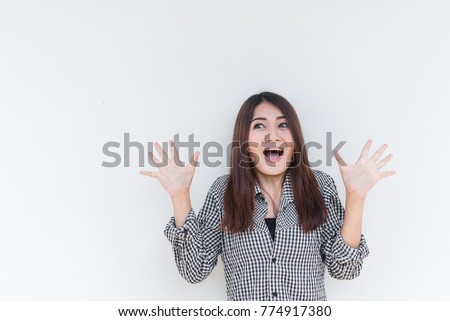 Beautiful young asian woman happy on white background,Free girl enjoy everything in the world