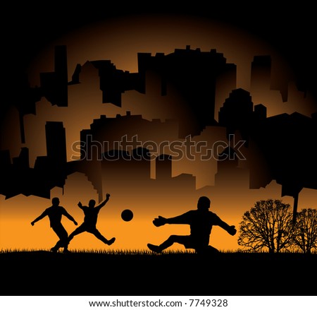three young people playng football against an orange skyline