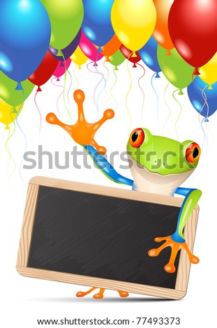 Little tree frog holding a blackboard under balloons